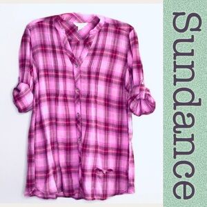 Sundance pink plaid roll sleeve swing top sz S